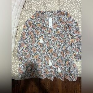 Veronica Beard Floral Tassel Peasant Blouse - Pink Multi